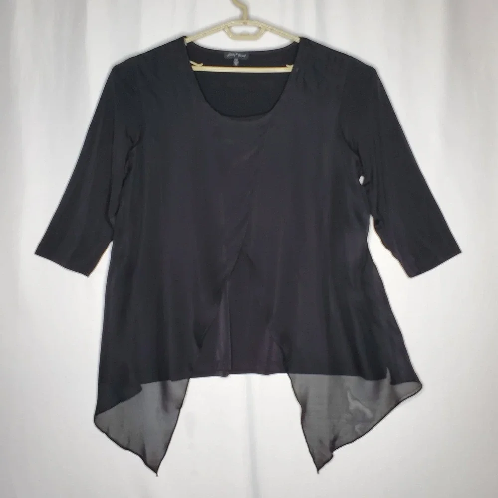 Slinky‎ Brand Top Womens 2X Black Sheer Chiffon Overlay 3/4 Scoop Neck Witchy